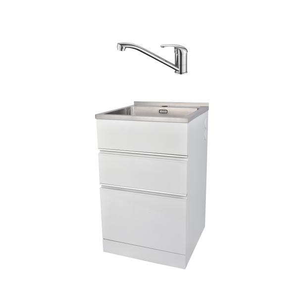 560mm Laundry Steel Cabinet (2 Drawer) and Chrome Mixer Bundle