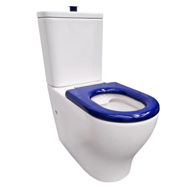 Newtech Accessible Toilet Suite with Blue Toilet Seat (No Lid) and Blue Raised Flush Button (includes Standard S-Connector)